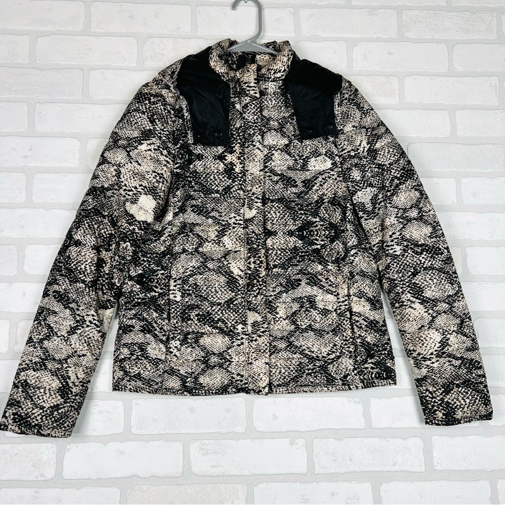 Mango Casual Womens Snakeskin Print Puffer Jacket Black Beige Size S Small